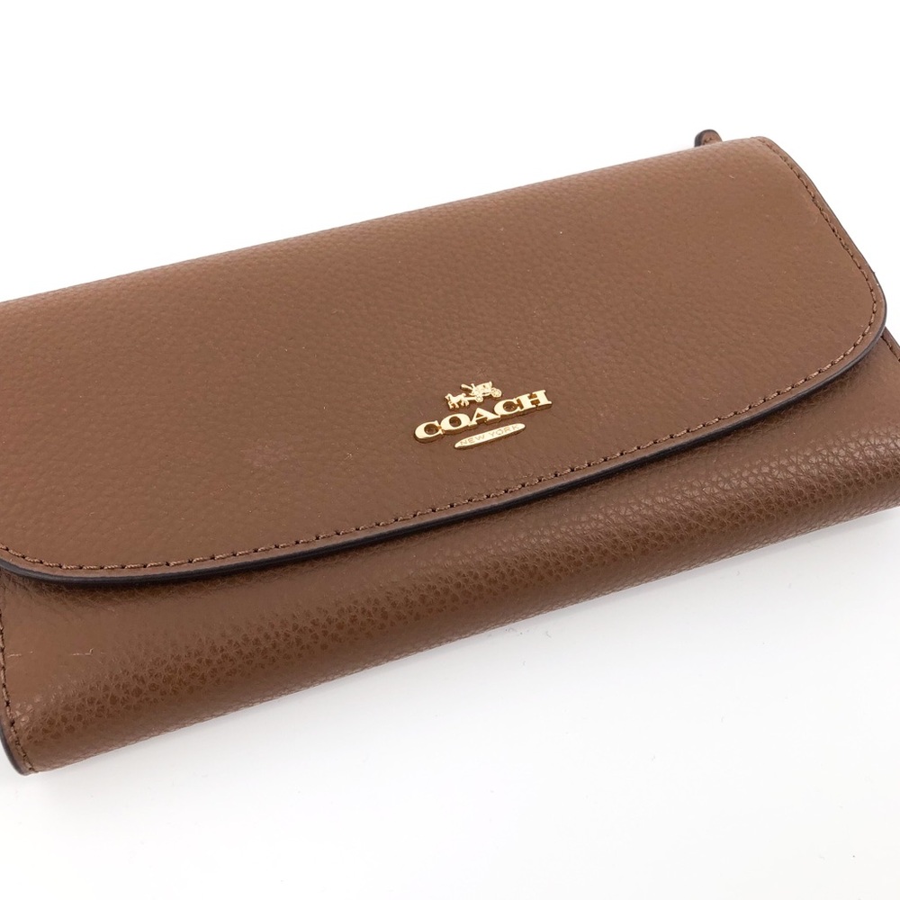 COACH Tri-Fold Checkbook Wallet Saddle Brown - Picture 2 of 8